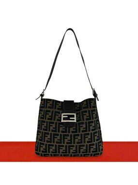 Fendi Vintage Zucca FF Pattern Canvas Leather Shoulder Bag Brown